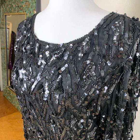 Vintage Sweet Love Black Silk Beaded Sequin Dress Sheer Sleeves L Whimsy Goth - Picture 8 of 12